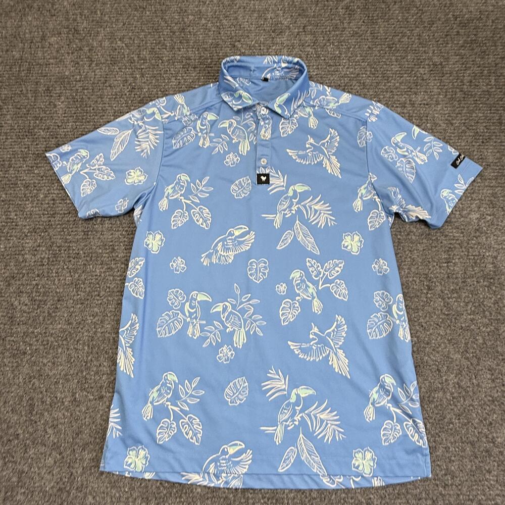 Bad Birdie Polo Shirt Mens Small Blue Tropical Bird Golf Performance Stretch